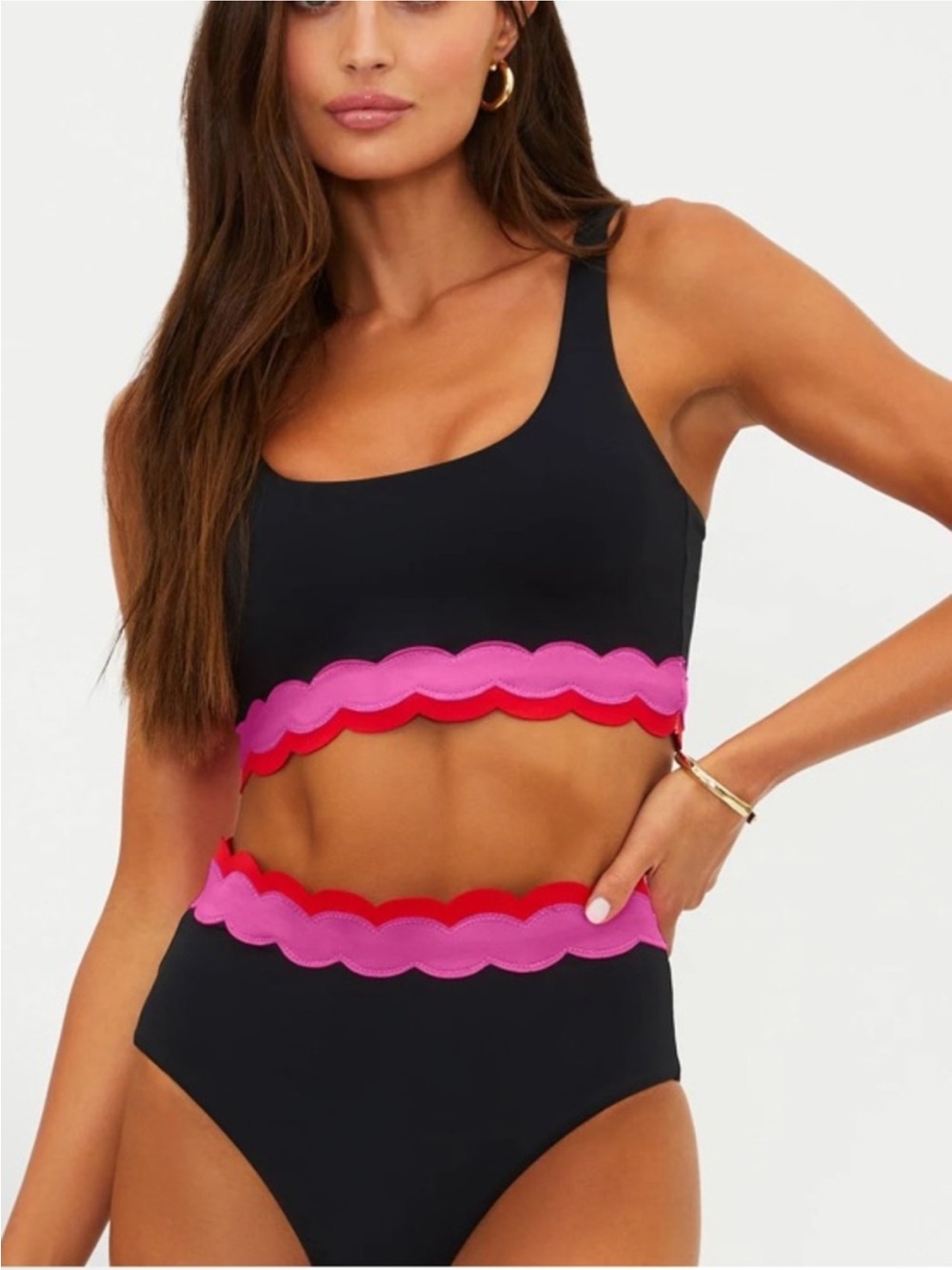 New! Beach Riot Harriet Scallop Bikini Swim Top Black Pink Red M 34168